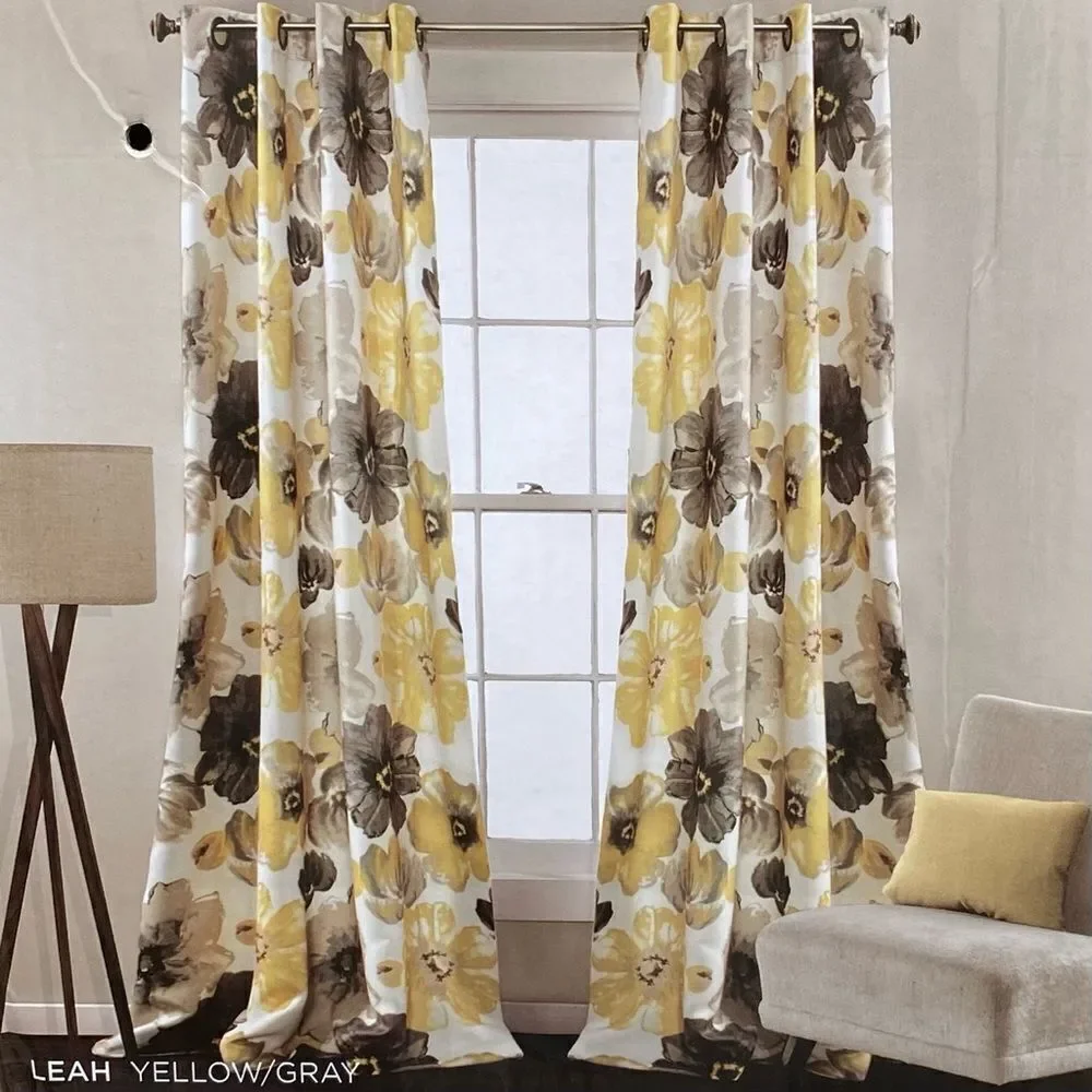 NWT New Half Moon Leah Yellow/White/Grey Floral Curtain Panels 52